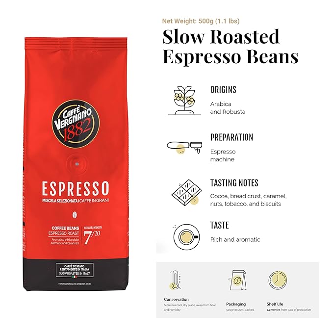 Caffe Vergnano 1882 Granaroma, Espresso, & Antica Bottega Whole Bean Arabica Medium Espresso Roast Coffee, 1.1lbs Bag - Italian Coffee Beans -500g Bag (3 Pk)