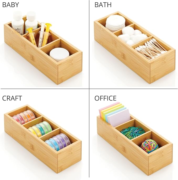 mDesign Slim Bamboo Wood Compact Food Storage Organizer Bin - 3 Divided Sections - Holder for Seasoning Packets, Pouches, Soups, Spices, Snacks - Natural