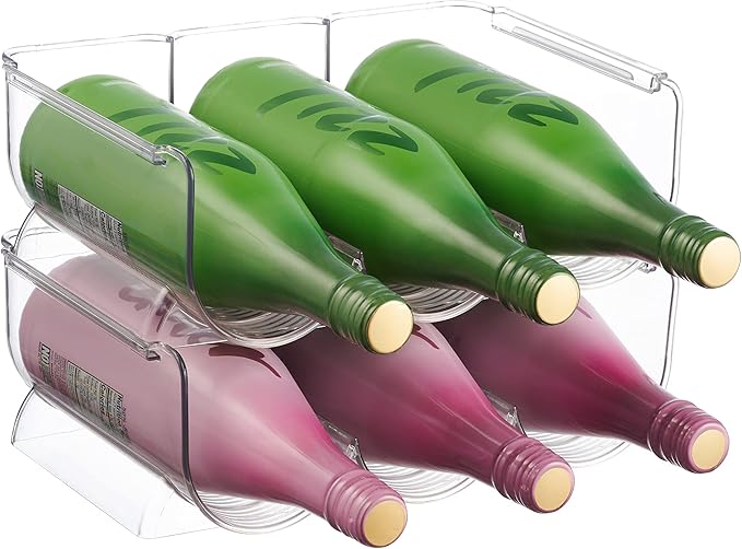 2 Pack Plastic Stackable Water Bottle Holders - Kitchen Pantry Refrigerator Storage Bins - Wine and Water Bottle Organizer Stand for Home Organization and Storage, Countertop Cabinet Organization Rack