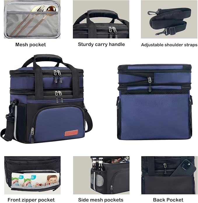 Lunch Box For Men/Women,Large Double-layer Insulated Expandable Reusable Leakproof Cooler Bags For Adults,Lunch Bag With Adjustable Shoulder Strap For Office Travel Picnic(Blue)