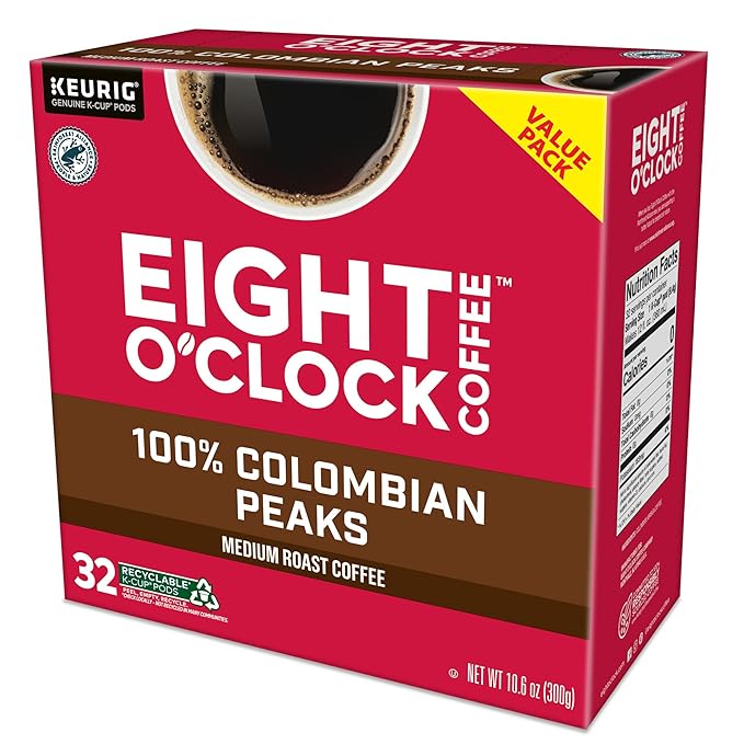 Eight O'Clock Coffee Colombian Peaks Single-Serve Keurig K-Cup Pods, Medium Roast Coffee Pods, 32 Count (Pack of 2)