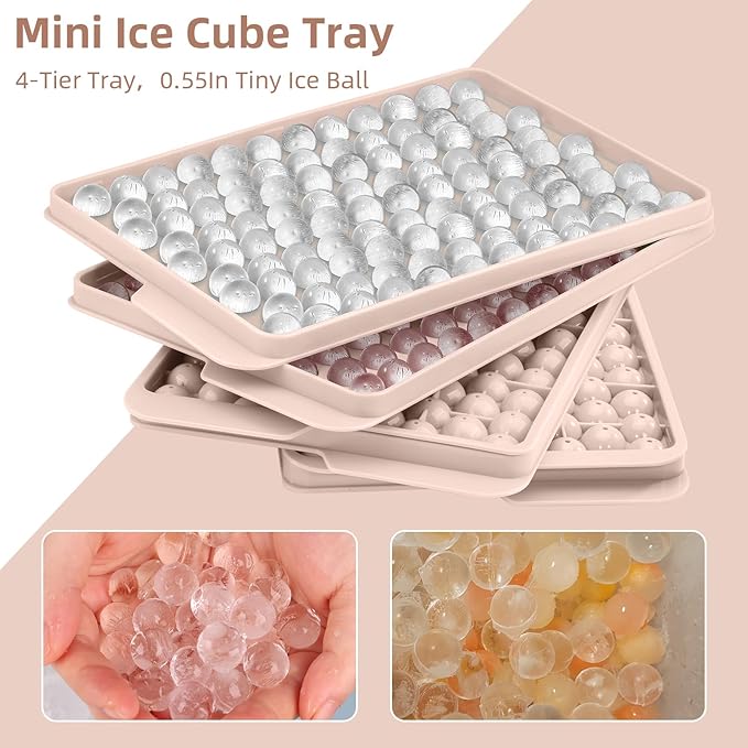 WIBIMEN Mini Ice Cube Trays, Small Tiny Round Pebble Crushed Nugget Ice Trays for Freezer with Lid - Chilling Drinks Coffee Juice(4 Pack/0.55In - Pink)