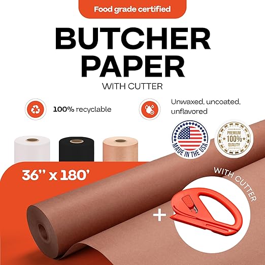 Peach Butcher Paper 36" x 2160" (180 feet) with Cutter - USA-Made Natural Butcher Paper Roll for Meat & Fish - Uncoated, Unwaxed & Food-Grade Material for Smoking Meat, Grilling & BBQ by IDL Packaging