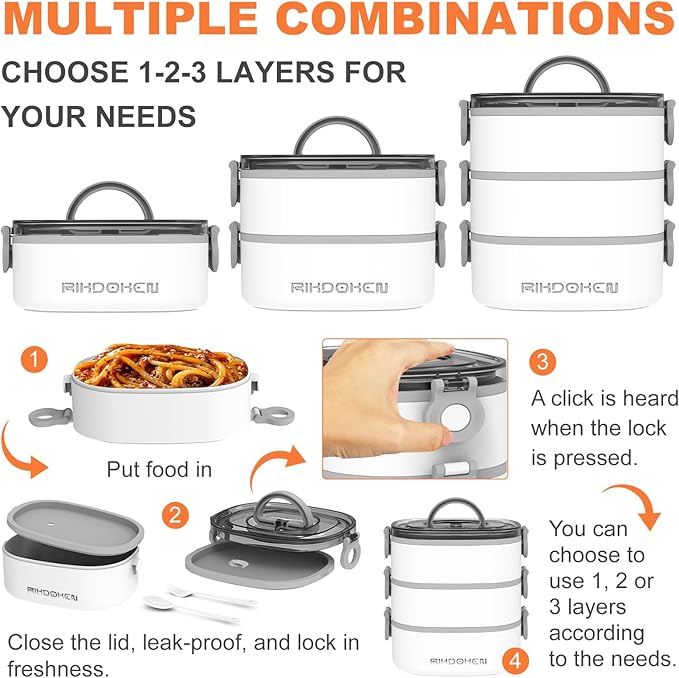 Lunch Box, Stackable 3 Layers Containers, Portable 94OZ Large Capacity Leakproof Bento Box with Spoon & Fork & Sauce Boxes, Microwave Safe Lunch Box for Kids and Adults