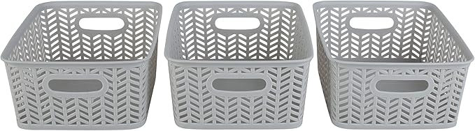 Simplify 3 Pack Small Herringbone Storage Basket | Dimensions: 10"x8"x4" | 2 Open Handles | Lightweight | Grey | Herringbone Design | Home Organization