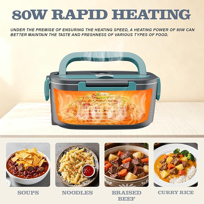 Buddew Electric Heated Lunch Box for Adults - 80W Fast Heating, 1.5L Food-Grade Stainless Steel, 12V/24V/110V Portable Food Warmer for Work Travel Car, Lonchera Electrica Portatil (Blue)