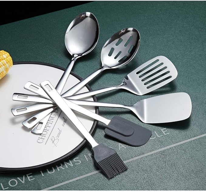 Cooking Spoon, Berglander 6 Pieces Spatula Set Stainless Steel, Metal Spatula, Serving Spoon, Kitchen Tools Set Non-Stick And Heat Resistant, Dishwasher Safe, Easy to Clean (6 Packs)