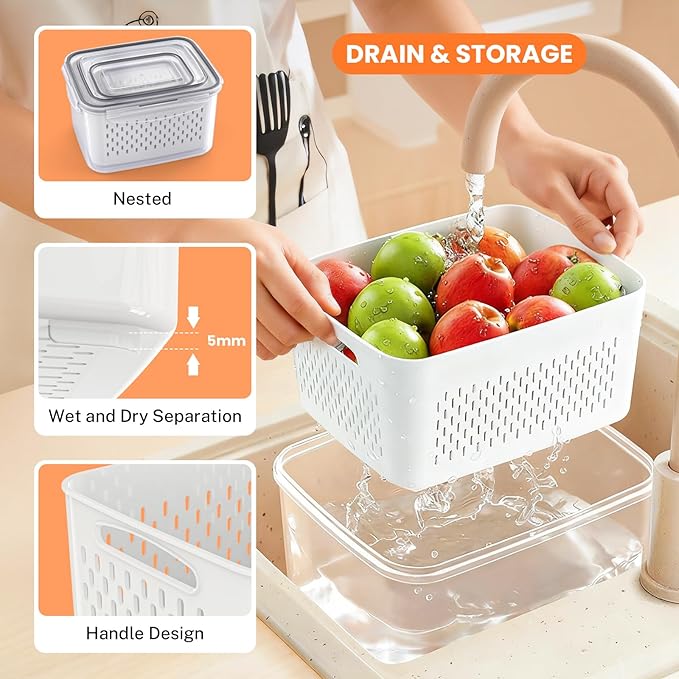 4 PCS Fruit Storage Containers for Fridge with Lids and Strainer, Fruit Containers for Fridge,Plastic Fresh Produce Saver Keeper for Vegetable Fruit Salad, BPA Free Fruit Organizer for Refrigerator