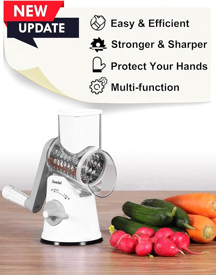 Geedel Rotary Cheese Grater Cheese Shredder - Upgraded 5-in-1 Cheese Grater with Handle and Strong Suction Base, Multi-purpose Vegetable Slicer Ice Shaver Nuts Grinder for Ice, Vegetables, Fruit, Nuts