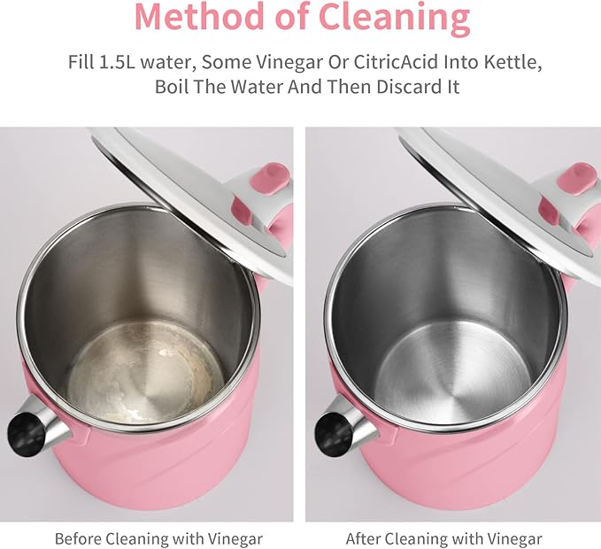 MEISON Electric Kettle, 1.7 L Double Wall Food Grade Stainless Steel Interior Water Boiler, Coffee Pot & Tea Kettle, Auto Shut-Off and Boil-Dry Protection, 1200W, 2 Year Warranty(Pink)
