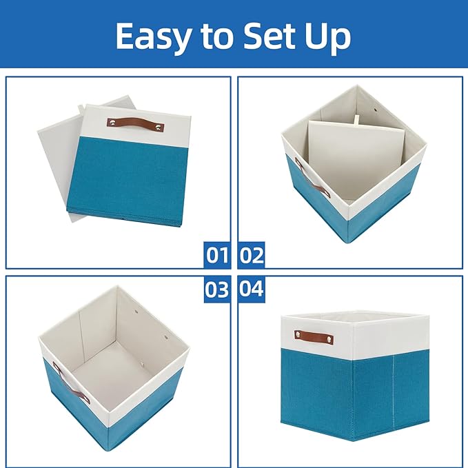Temary Fabric Storage Bins - 12x12 Cube Baskets for Shelves & Closet with Leather Handles (White & Teal)