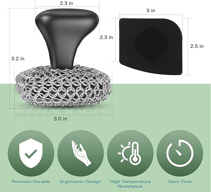 Cast Iron Scrubber | Dish Scrub Brush | 316 Cast Iron Cleaner Chainmail Scrubber for Pan Skillet Cleaner - Dish Scouring Pad Dishwasher Safe Cleaning Kit, Black 03