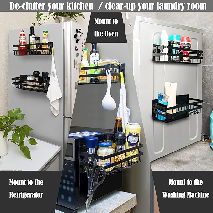 Sleclean Magnetic Spice Rack Organizer for Refrigerator, Pack of 2, Fridge Organizer Shelf, Refrigerator Organizers and Storage, Multi Use Kitchen Magnetic Shelf,11.8"x4.5"x4.3",Black
