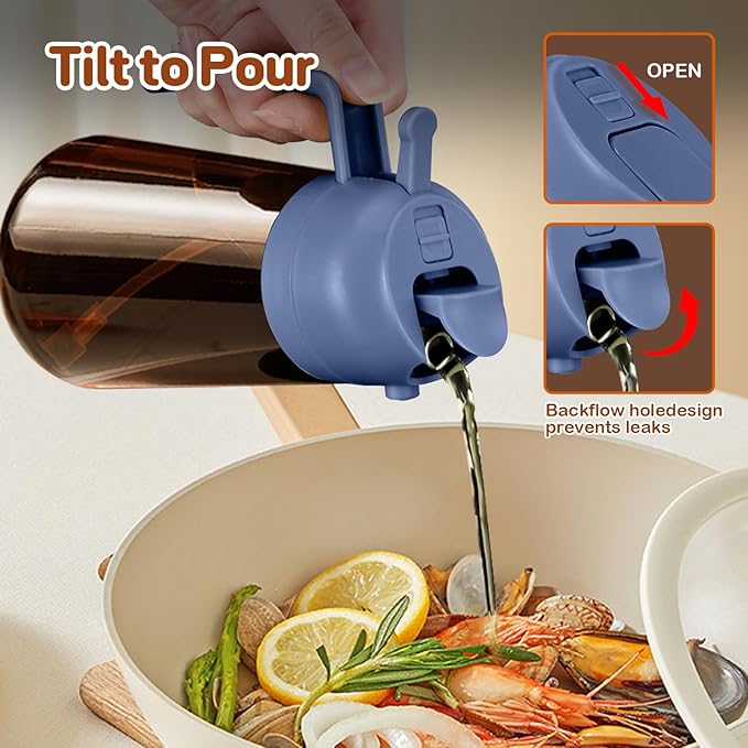 YARRAMATE 16oz/470ml Dark Brown Oil Sprayer for Cooking with Stickers, Food-grade Premium 2 in 1 Olive Oil Dispenser Bottle for Kitchen Gadgets, Air Fryer, Salad, Frying, BBQ (Navy)
