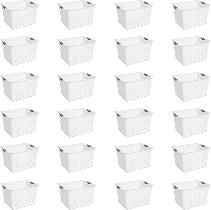 Sterilite 24-Pack Ultra Basket, Open Plastic Bins, Countertop, Cabinet and Closet Organizer, White, Deep