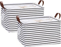 Hinwo 2-Pack Large Canvas Fabric Storage Baskets with Handles, 31L Rectangle Storage Bins, Collapsible Storage Box, Clothes, Toys, Blankets Organizers, 16.5 x 11.8 x 9.8 inches, (Black Stripe)