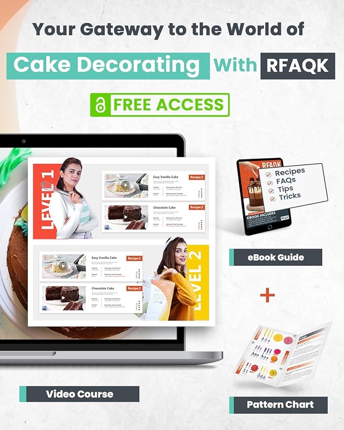 RFAQK 64PCs Cake Decorating Kit with Leveler, Baking Supplies Gift Includes Cake Stand Turntable, 24 Numbered Icing Tips, 30+1 Piping Bags, 2 Frosting Spatulas, 3 Scrappers, Video Course & Booklet