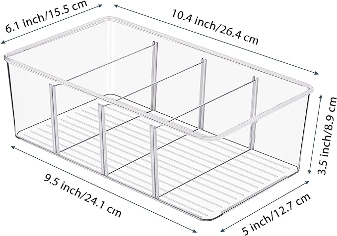 Vtopmart 2 Pack Food Storage Organizer Bins, Clear Plastic Bins for Pantry, Kitchen, Fridge, Cabinet Organization and Storage, 4 Compartment Holder Packets, Snacks, Pouches, Spice Packets