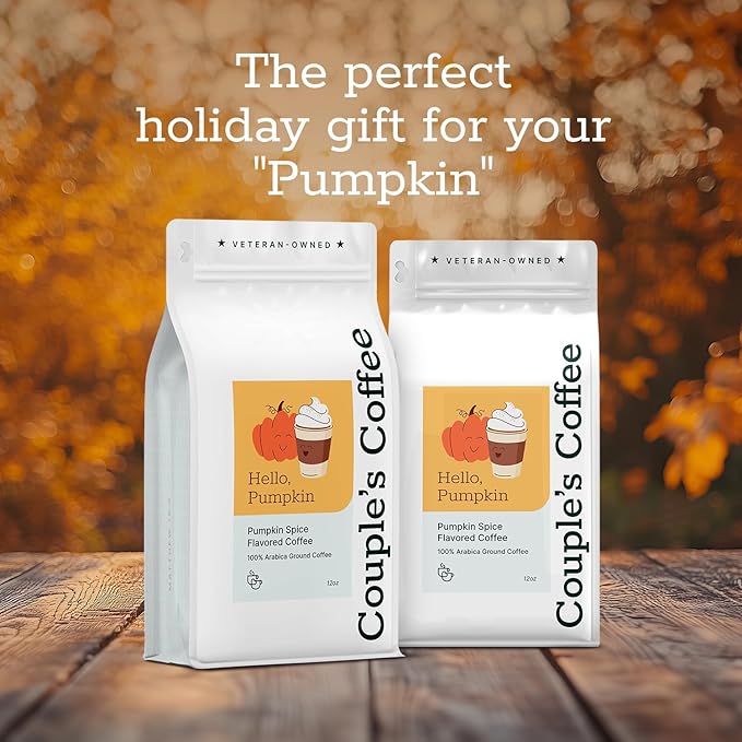 Couple’s Coffee Flavored Ground Coffee | Medium Roast Pumpkin Spice Fall Coffee | Gives Back to Military Families | Hello Pumpkin | Made with 100% Arabica Beans | 12oz bag