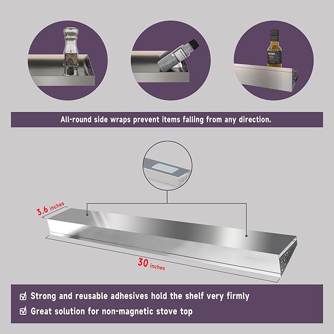 Stove Shelf for Stove Top, Spice Rack Organizer, Easy Installation, Kitchen Storage Solution, with Standard 30" Length, Brushed Stainless Steel, Non Magnate (Stainless Steel)