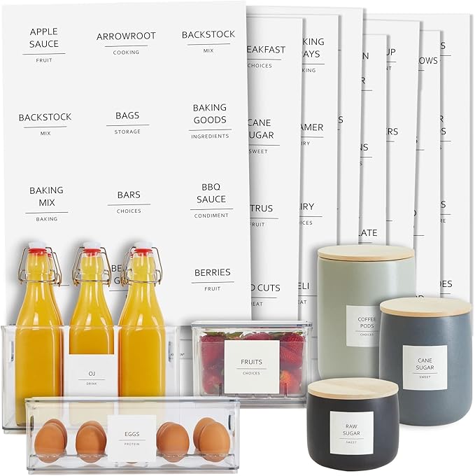 Talented Kitchen Minimalist Food Labels - 2.5" x 2.5" Matte White Vinyl, Pack of 157 - Pantry & Fridge Container Labels for Jars & Bins - Preprinted Food Storage Stickers, Water-Resistant