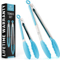 Zulay Stainless Steel Kitchen Tongs with Silicone Tips - Set of 2 (9” & 12”) Locking Cooking Tongs with Non-Slip Grip - Heat Resistant, BBQ Food Tongs for Non-Stick Cooking Pans (Silver/Light Blue)
