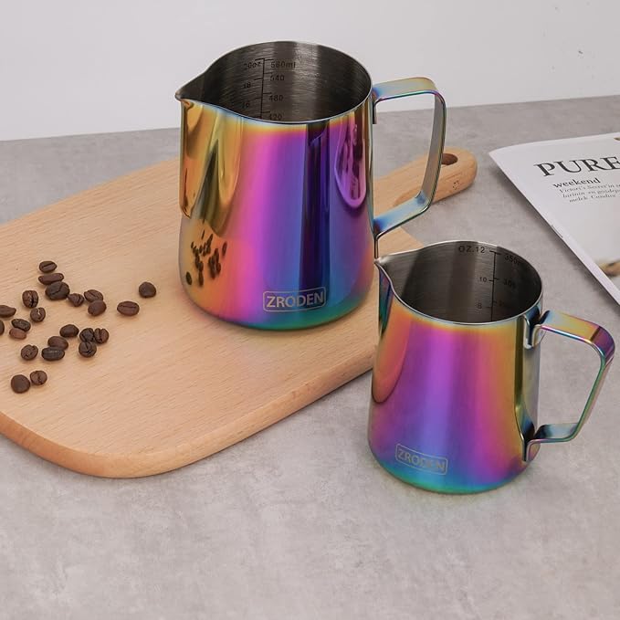 Milk Frothing Pitcher, 12oz Espresso Steaming Pitchers Stainless Steel Cappuccino Coffee Machine Accessories Barista Tools Steam Froth Pitchers Milk Jug Cup with Decorating Pen Latte Art, Rainbow