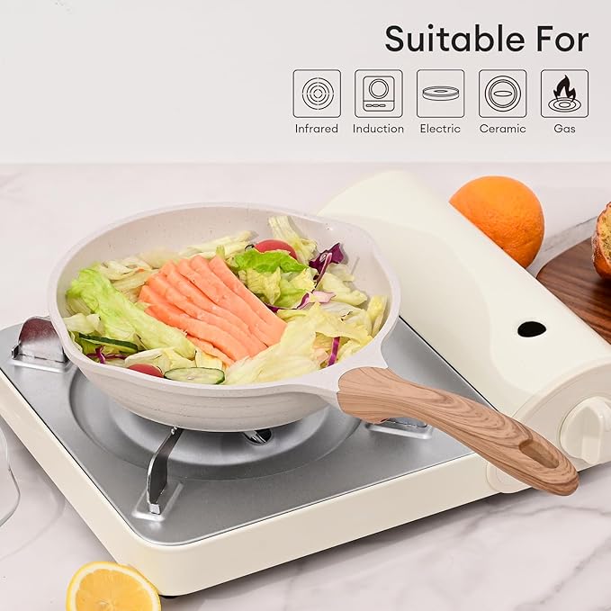 JEETEE 9.5 Inch Nonstick Frying Pan, Stone Coating Cookware, Nonstick Omelette Pan with Heat-Resistant Handle, Compatible with All Stoves (Beige)