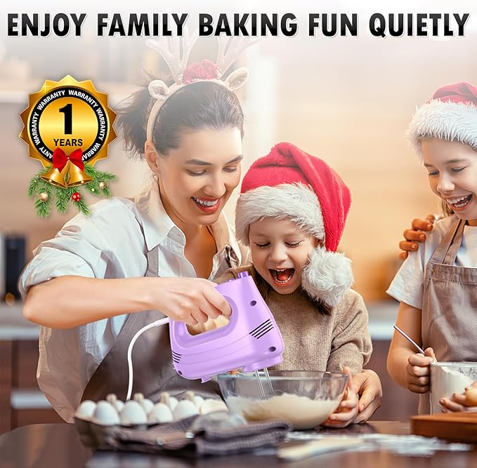 Electric Hand Mixer with Stainless Steel Whisk, Dough Hook Attachment and Storage Bag, Handheld Mixer for Baking Cakes, Eggs, Cream Food Mixers. Turbo Boost /5 Speed Kitchen Blender PURPLE