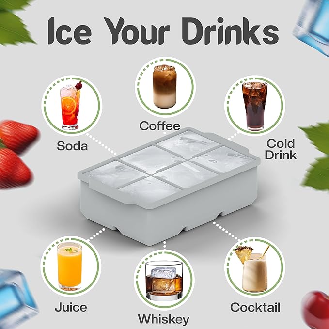 KitchFort Large Silicone Ice Cube Tray (3-Pack), Easy Release 2" Big Ice Cubes - Cocktail, Whiskey Ice Cubes Mold - Ice Trays for Freezer with Lid - Stackable Silicone Ice Tray - Gray