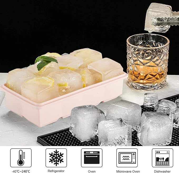 LessMo Ice Cube Tray with Lid - 2 Pack Large Silicone Ice Tray Molds for Freezer, BPA Free, Big Square Ice Cube for Whiskey, Cocktails, Baby Food, Juices