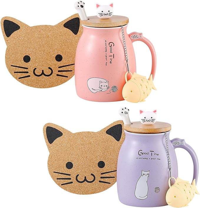 BigNoseDeer 2Pcs Kawaii Cat Mug Cute Tea Cup with Infuser Ceramic Coffee Mugs Cute Cool Preppy Stuff Gifts for Women Birthday Gifts for Cat lovers13oz