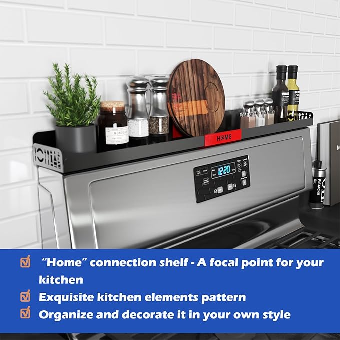 30" Magnetic Stove Top Shelf – Black Spice Rack with Red HOME Design – Seasoning Organizer for Back of Stove – Over Stove and Kitchen Storage Shelf