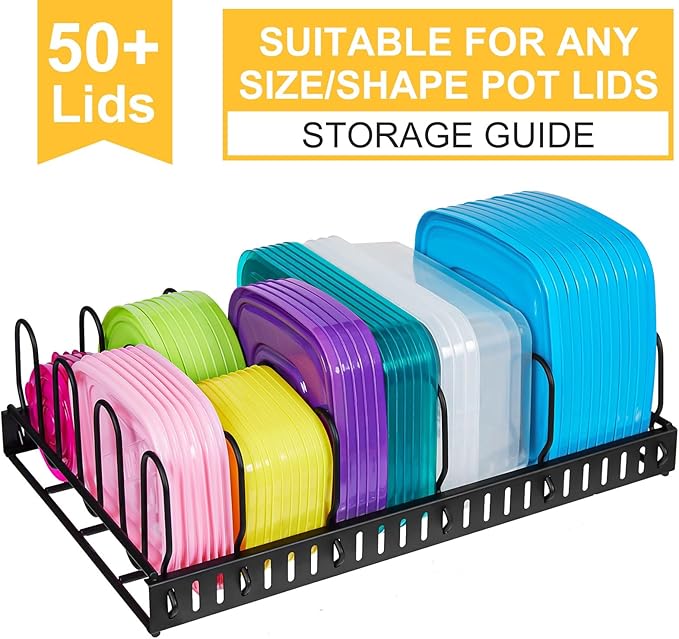 X-cosrack Metal Food Container Lid Organizer&Adjustable 6 Dividers Storage Container Lid Holder Rack for Cabinets, Cupboards, Pantry Shelves, Drawers to Keep Kitchen Tidy,Black(Patent Pending)