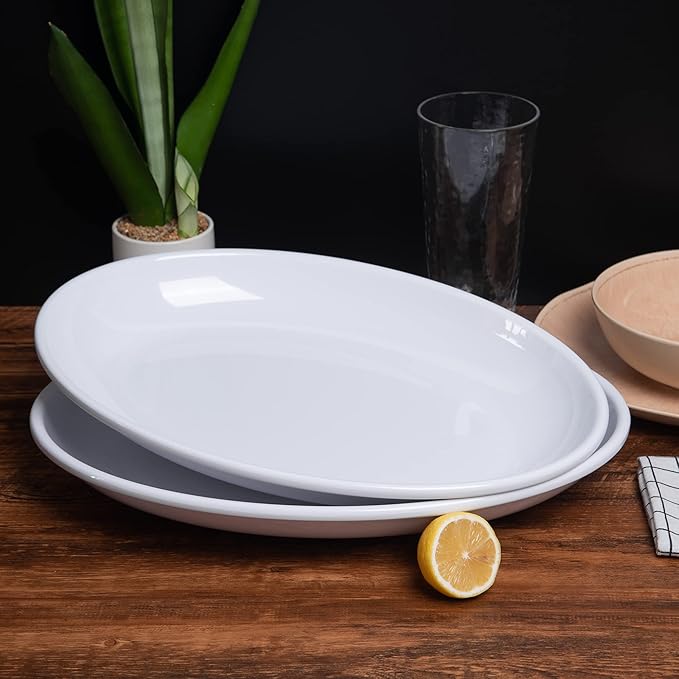 KOXIN-KARLU Melamine Large Serving Platter, 16-inch Oval Serving Plates, White Serving Tray for Entertaining Party, 100% Melamine Serving Dish for Appetizers Meat Food, Set of 2