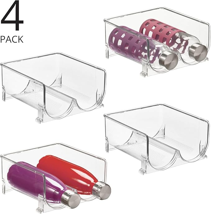 mDesign Plastic Stackable 2 Bottle Storage Holder Rack Organizer for Home, Kitchen Countertop, Cabinet, and Pantry - Holds Water Bottles, Perfect for Tumbler Cup - 4 Pack - Clear