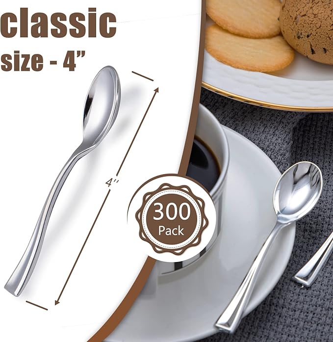 WDF 300 Pieces Plastic Silver Mini Spoons - 4 Inches Silver Plastic Tasting Spoons for Desserts, Heavy Duty Disposable Spoons Perfect for Coffee, Cake, Desserts, Appetizers for Christmas Wedding/Party