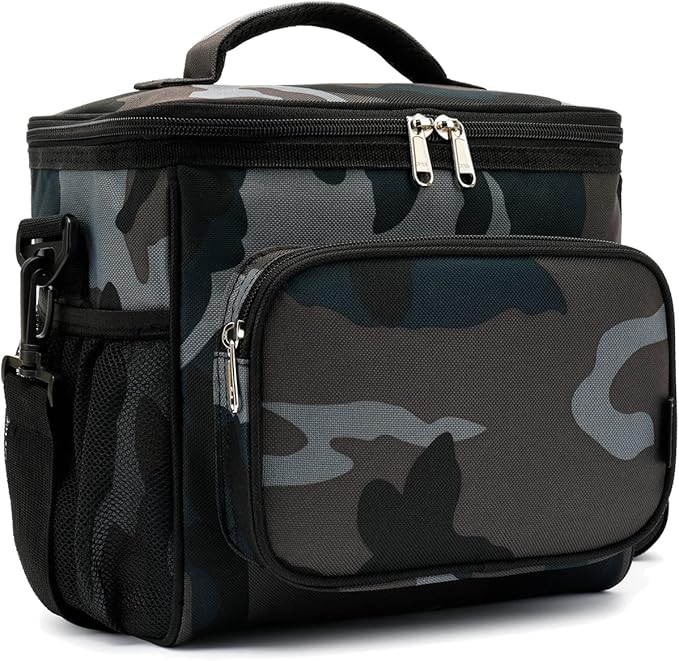 FlowFly Insulated Reusable Lunch Bag Adult Large Lunch Box for Women and Men with Adjustable Shoulder Strap,Front Zipper Pocket and Dual Large Mesh Side Pockets,BlackCamo