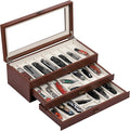 AUTOARK 3-Tier PU Leather & Velvet Knife Organizer with 26 Slots,Transparent Glass Top & Drawer,Compact Storage for Pocket Knives,Ideal for Men's Collections & Gifts,Brown,MKAW018