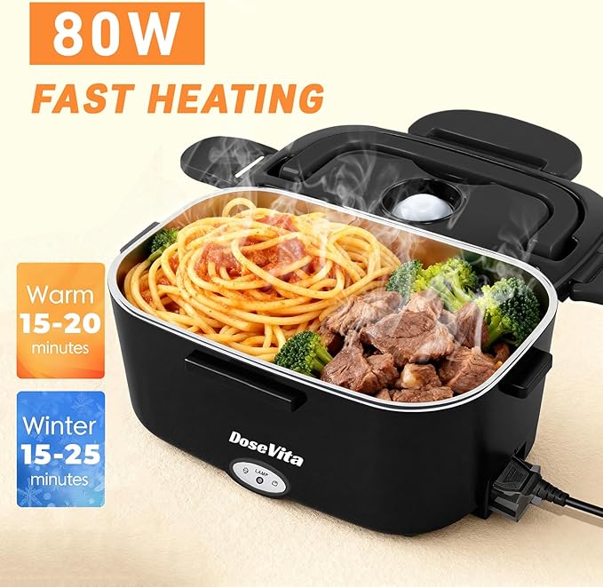 Electric Lunch Box for Adults, 80W Heated Lunch Box 1.5L 304 Stainless Steel Portable Food Warmer,12/24/110V Lonchera Eléctrica Portátil for Car, Truck, Work, Travel
