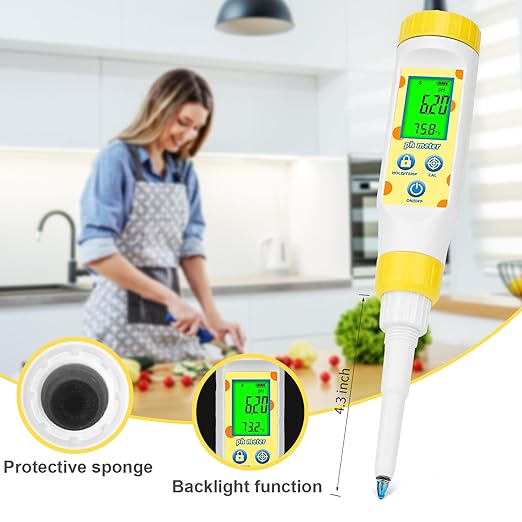 Digital pH Meter for Food Fermentation and Canning, Smart Food pH Tester with High Accuracy Spear Probe for Sourdough, Salsa and Hot Sauces, pH Test Pen with ATC for Solid and Liquid