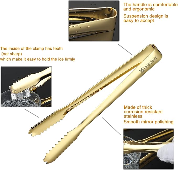 MSY BIGSUNNY 7 Inch Ice Tongs, Thickened Stainless Steel Sugar Cube Serving Tongs with Teeth for Tea, Party, Coffee, Bar, Food - Set of 2, Golden