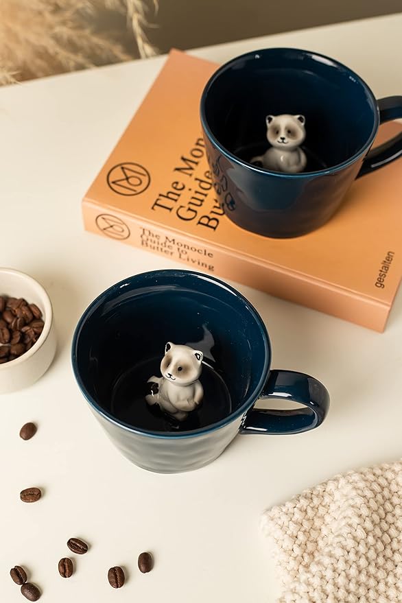 DIHOclub Racoon Ceramic Cup Hidden 3D Animal Inside Mug,Cute Cartoon Handmade Figurine Mugs,Holiday and Birthday Gift for Coffee Milk Tea Lovers,12 OZ(Dark Blue)
