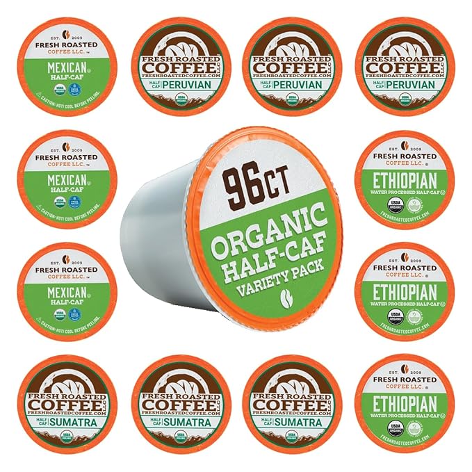 Fresh Roasted Coffee, Organic Water-Processed Half-Caf Variety Pack | USDA Organic, Kosher | K-Cup Compatible, 96 Pods