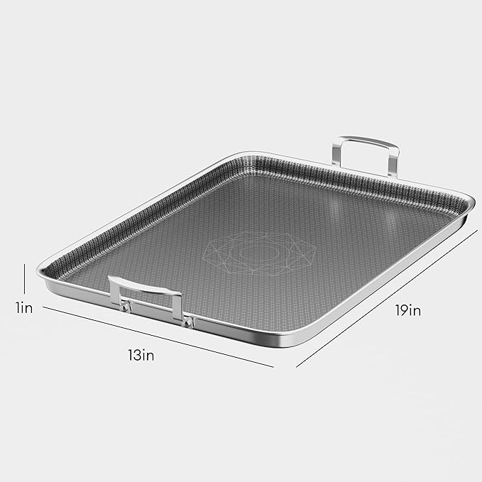 Stainless Steel Double Burner Griddle Pan, Nonstick Flat Top Grill Plate with Stainless Steel Handles, Induction Ready, Compatible with All Cooktops, Dishwasher-Friendly, Oven-Safe, Rectangular
