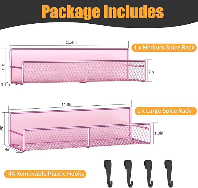 Magnetic Spice Rack for Refrigerator, 2 Pack 100% Metal Strong Magnet Shelf, Space Saving Spice Organizer W/ Hooks, Movable Magnetic Fridge Shelf, Kitchen Home Laundry Room Storage Organization, Pink