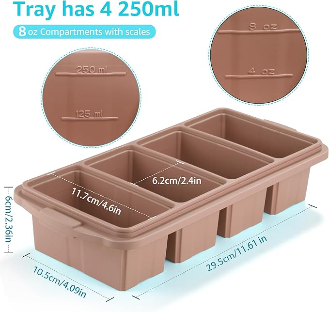 Silicone Freezer Tray With Lid - Silicone Freezer Food Molds- Large Ice Cube Tray,Silicone Freezer Container,Freeze & Store Soup, Sauce, Broth,Leftovers - Makes 4 Perfect 1 Cup