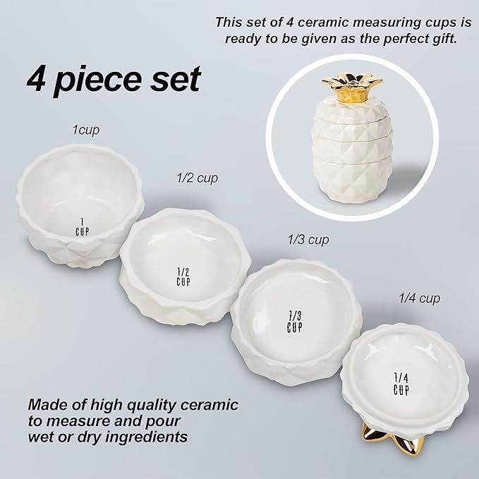 Set of 4 Decorative Pineapple Shaped Stackable Ceramic Kitchen Measuring Cups in 4 Assorted Sizes