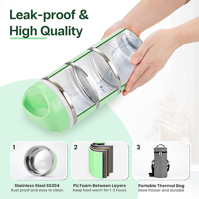 Lille Home Stackable Stainless Steel Lunch Containers, 43OZ Capacity 3 Layers Leakproof Bento Box for Adult, Portable Lunch Box for Women, Man, Travel, Office with Lunch Bag (Green.Pro)