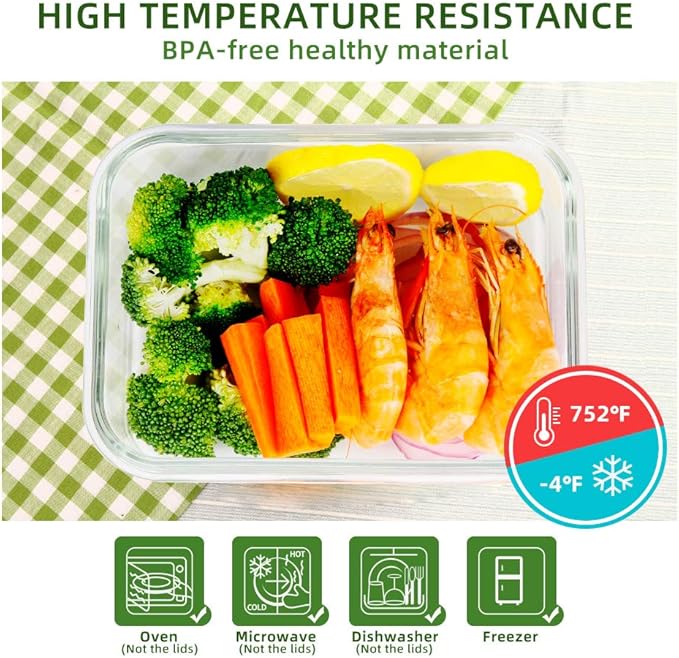 DAS TRUST 5 Pack 36oz Glass Food Storage Containers Meal Prep Containers Reusable Fridge Organizers Lunch Container for Adults Airtight Pizza Salad Storage for Ovens